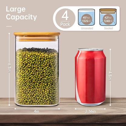 42oz - 4 Pack Square Glass Jars with Bamboo Lids, Glass Food Storage Containers with Airtight Lids