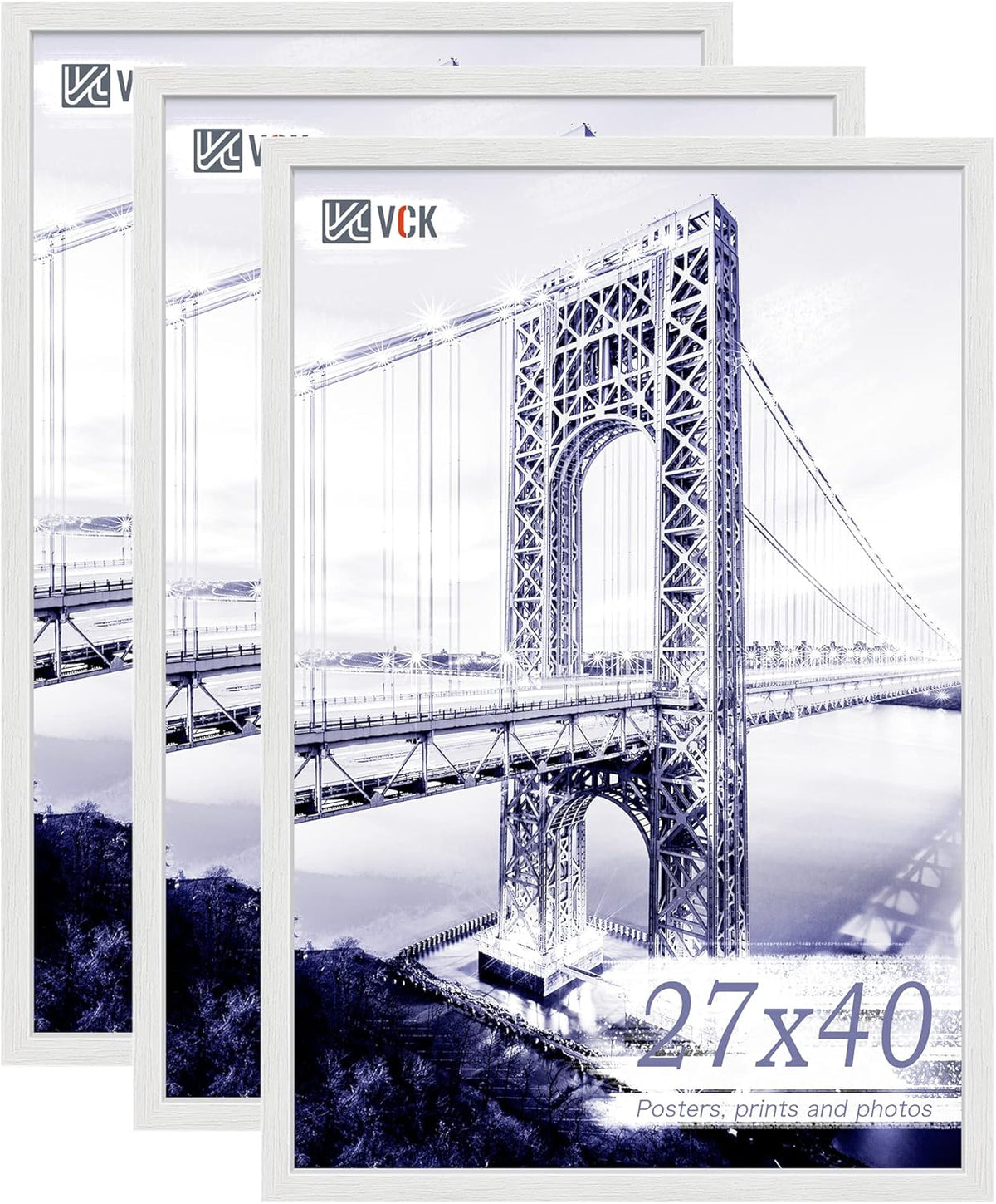 VCK 27x40 Solid Wood Poster Frames Set of 3, Exclusive Woodgrain White Picture Frame, Wall Mounting