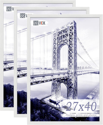 VCK 27x40 Solid Wood Poster Frames Set of 3, Exclusive Woodgrain White Picture Frame, Wall Mounting