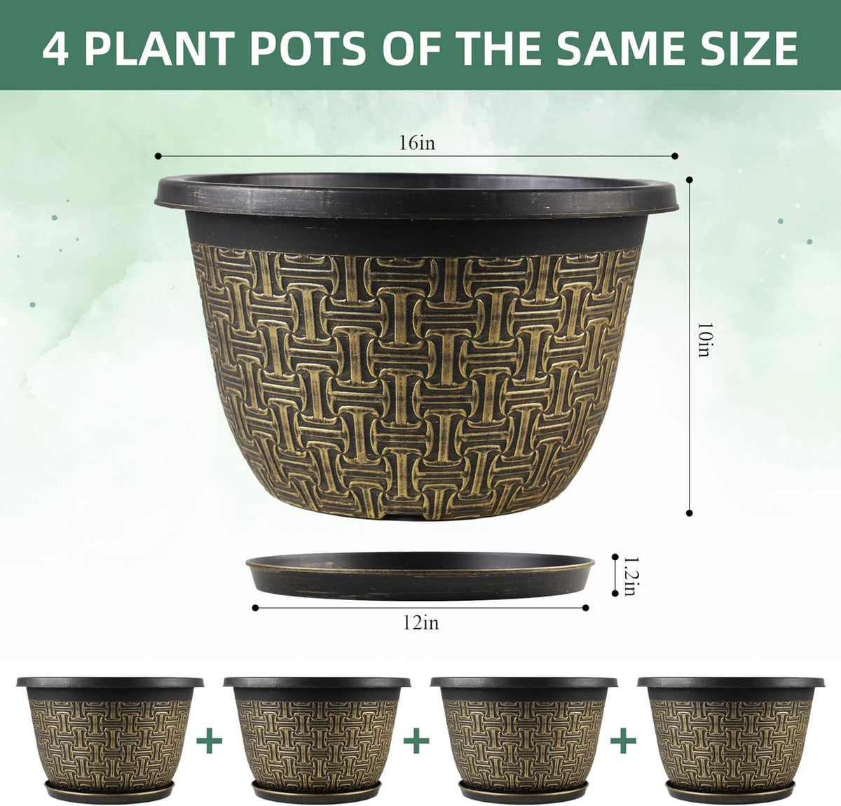 4 Pack 16 Inch Planter,Large Plastic Flower Pots Outdoor Indoor with Drainage Holes & Trays, Retro