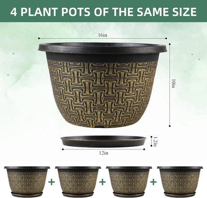 4 Pack 16 Inch Planter,Large Plastic Flower Pots Outdoor Indoor with Drainage Holes & Trays, Retro