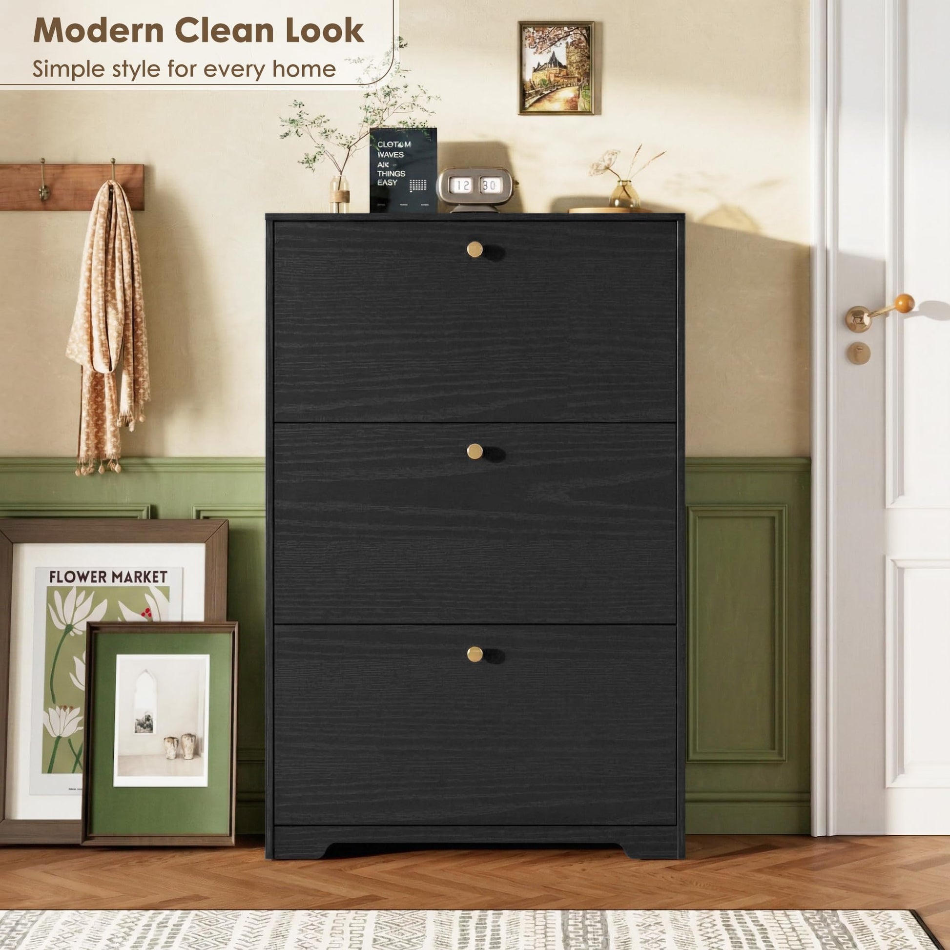 Nicetree Shoe Cabinet with 3 Flip Drawers, Narrow Shoe Organizer Cabinet, Freestanding Shoe Rack