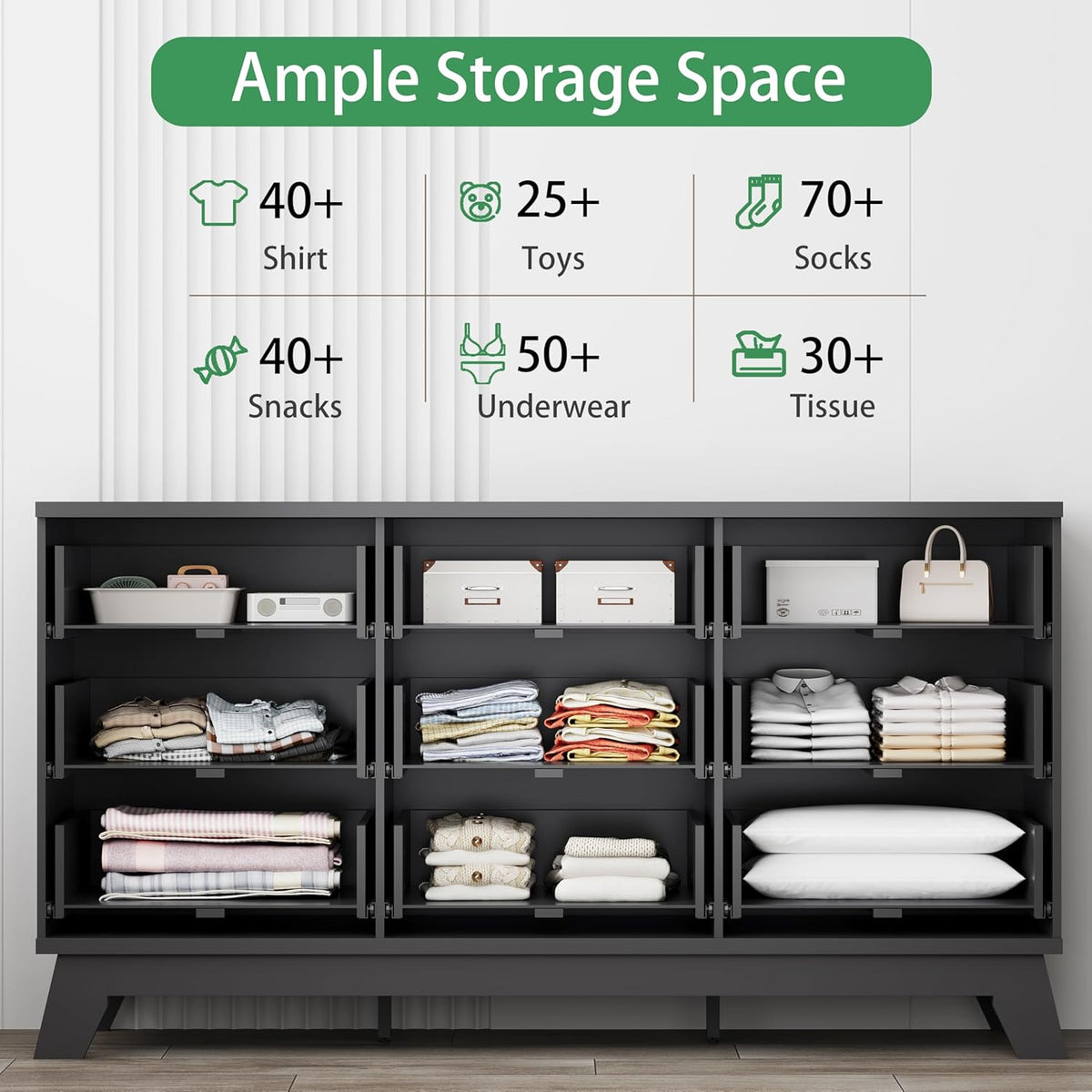 Fluted Dresser for Bedroom with 9 Drawers, 57" Wide Chest of Drawers with Metal Handle, Modern Wood