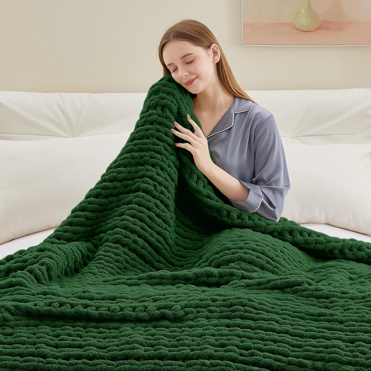Chunky Knit Throw Blanket, 40''*50'' Knitted Throw Chenille Yarn for Bed Couch, Handmade Grass