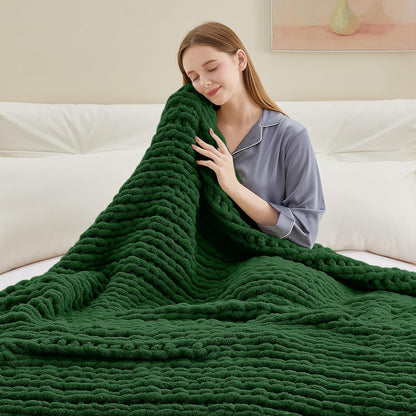 Chunky Knit Throw Blanket, 40''*50'' Knitted Throw Chenille Yarn for Bed Couch, Handmade Grass