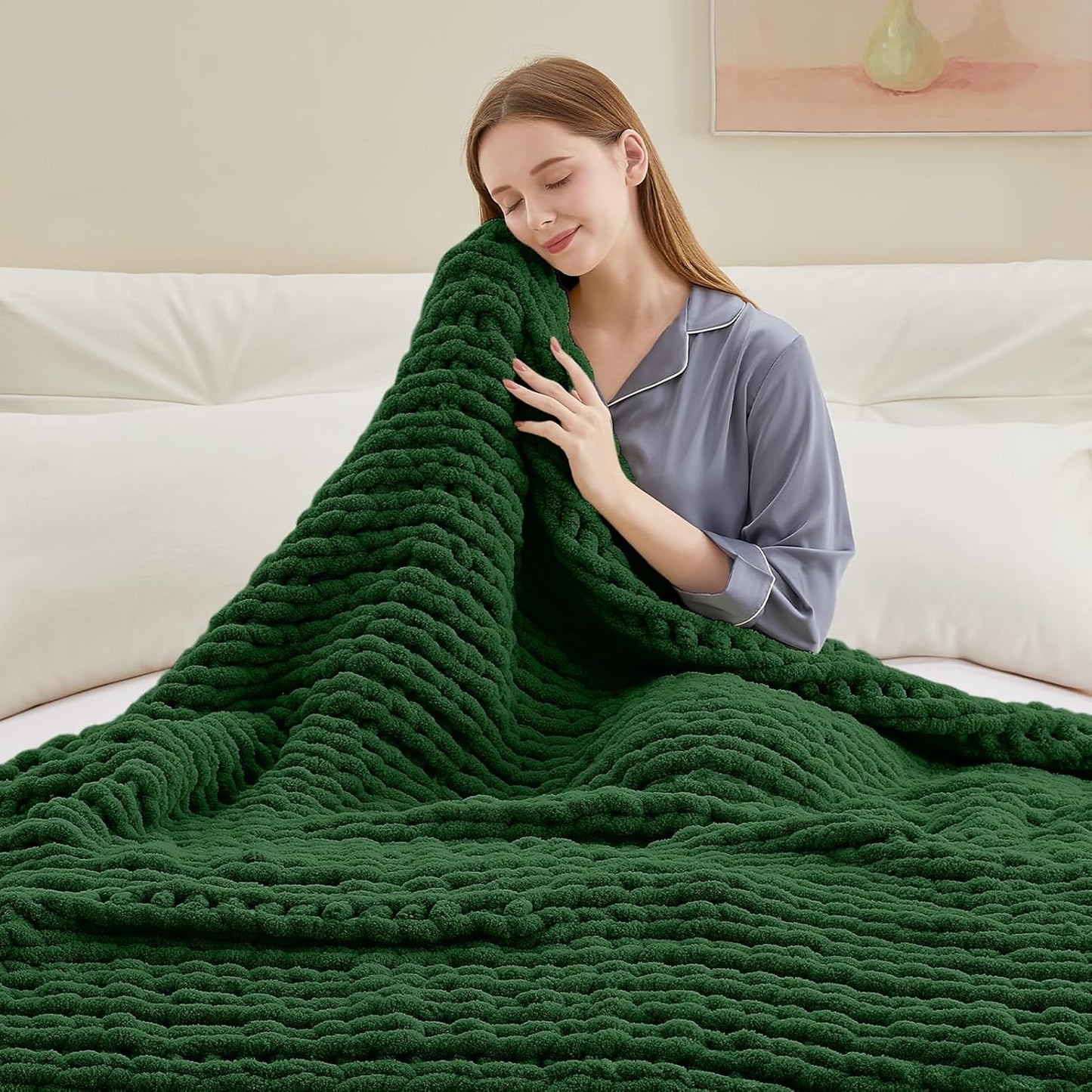Chunky Knit Throw Blanket, 60''*80'' Knitted Throw Chenille Yarn for Bed Couch, Handmade Grass