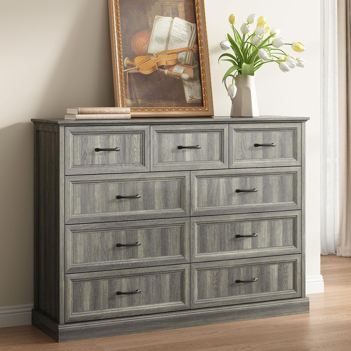 CARPETNAL Farmhouse 9 Drawer Dresser for Bedroom, 55 Inch Wide Modern Grey Dresser TV Stand with