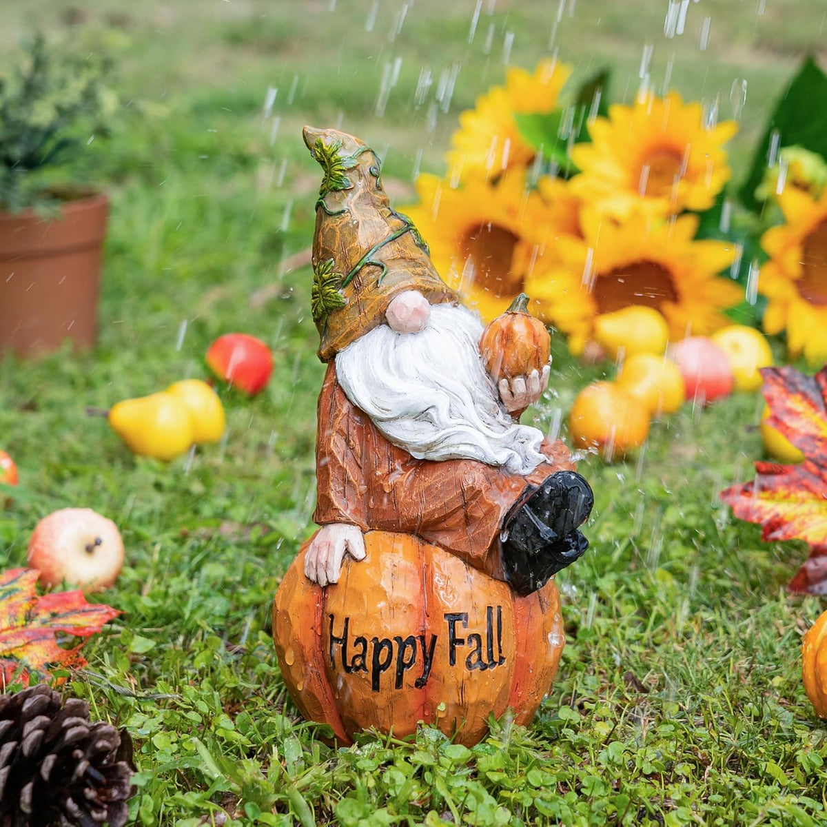 Topadorn Fall Garden Gnome Figurine Sitting on Pumpkin Statue Autumn Harvest Garden Gnomes Statue