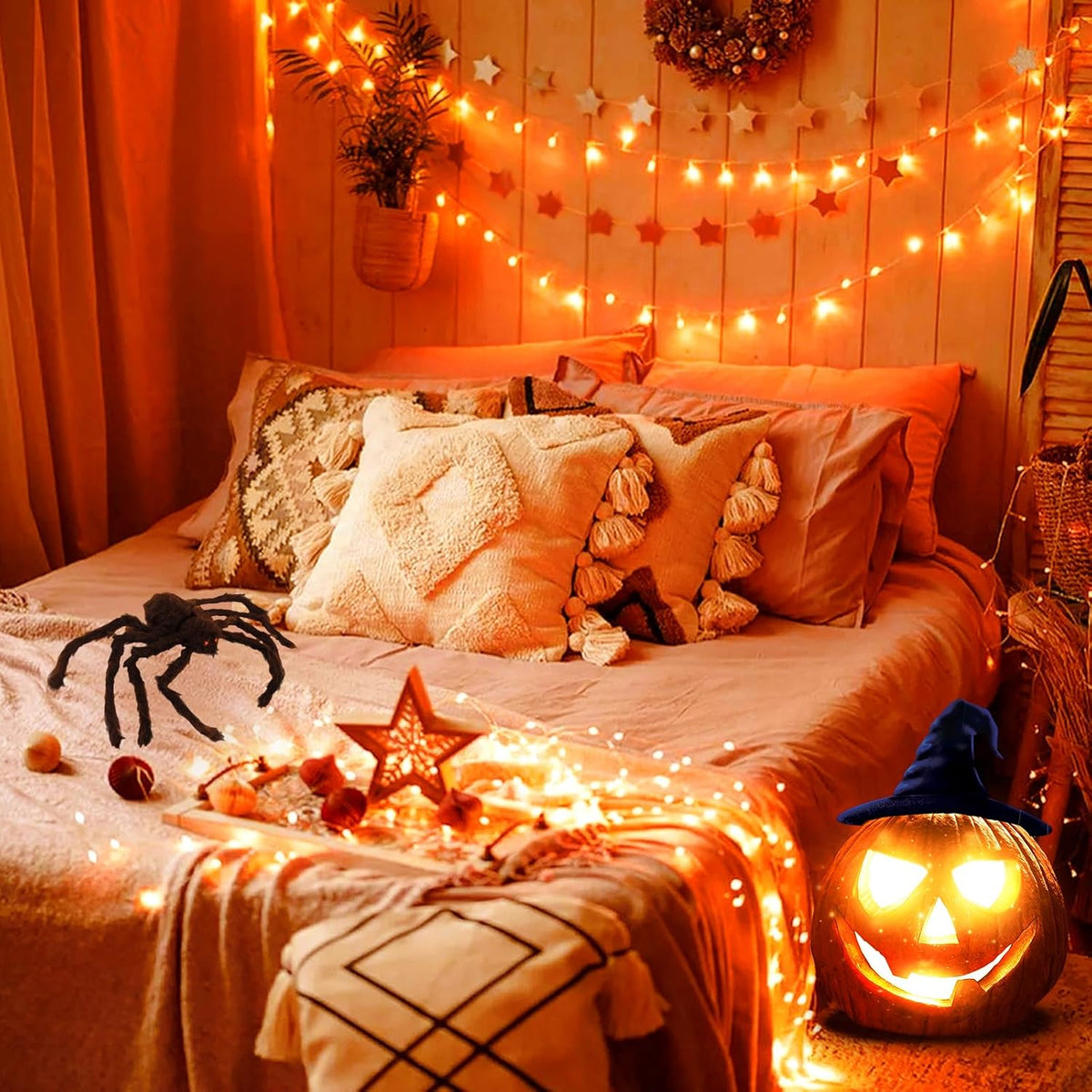 JMEXSUSS Connectable 33ft Halloween Lights Indoor, 100 LED Clear Wire Orange Lights for Halloween