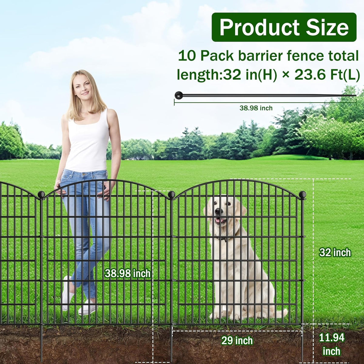 10 Panels Decorative Garden Fence - 32 in (H) x 23.6 ft (L) No Dig Dog Fence Outdoor for Yard