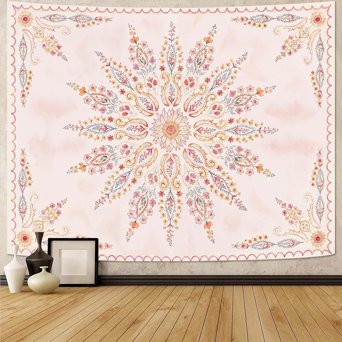 Fowocu Boho Floral Mandala Tapestry for Bedroom Aesthetic Pink Bohemian Flower Wall Tapestry
