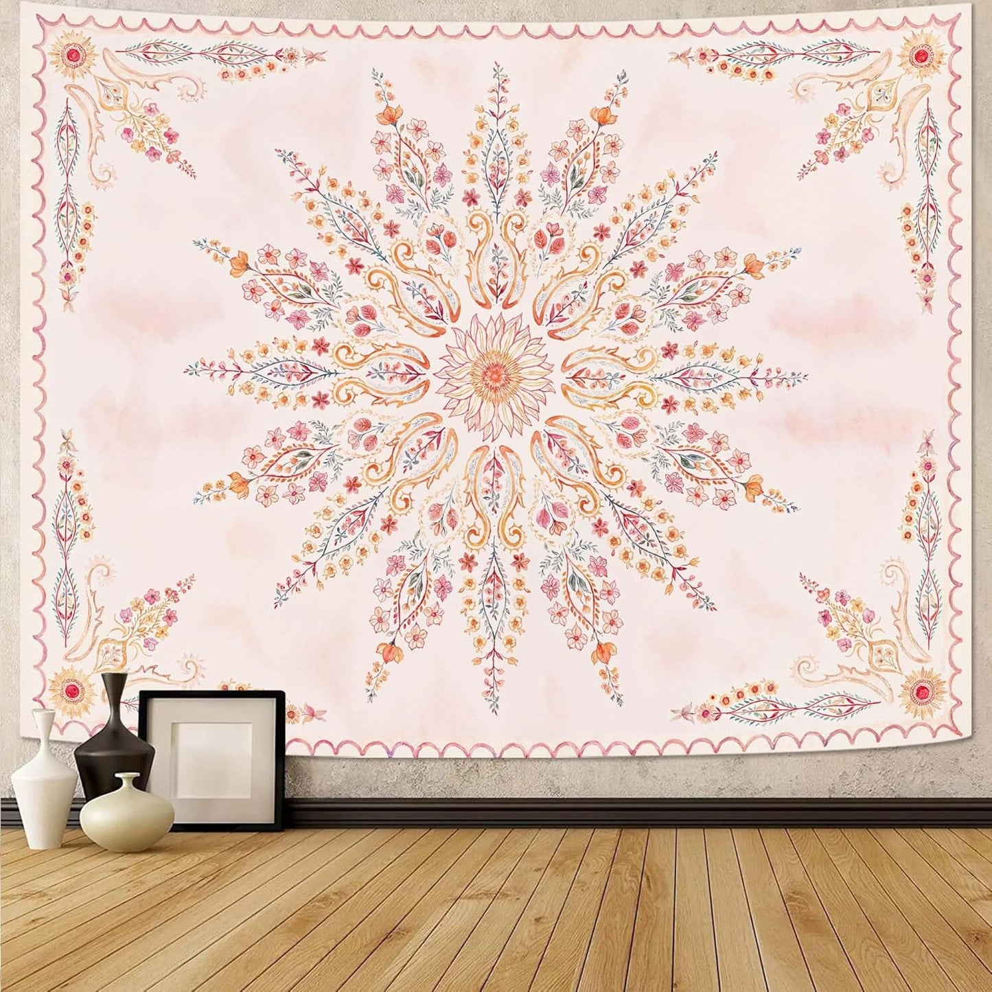 Fowocu Boho Floral Mandala Tapestry for Bedroom Aesthetic Pink Bohemian Flower Wall Tapestry