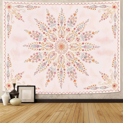 Fowocu Boho Floral Mandala Tapestry for Bedroom Aesthetic Pink Bohemian Flower Wall Tapestry