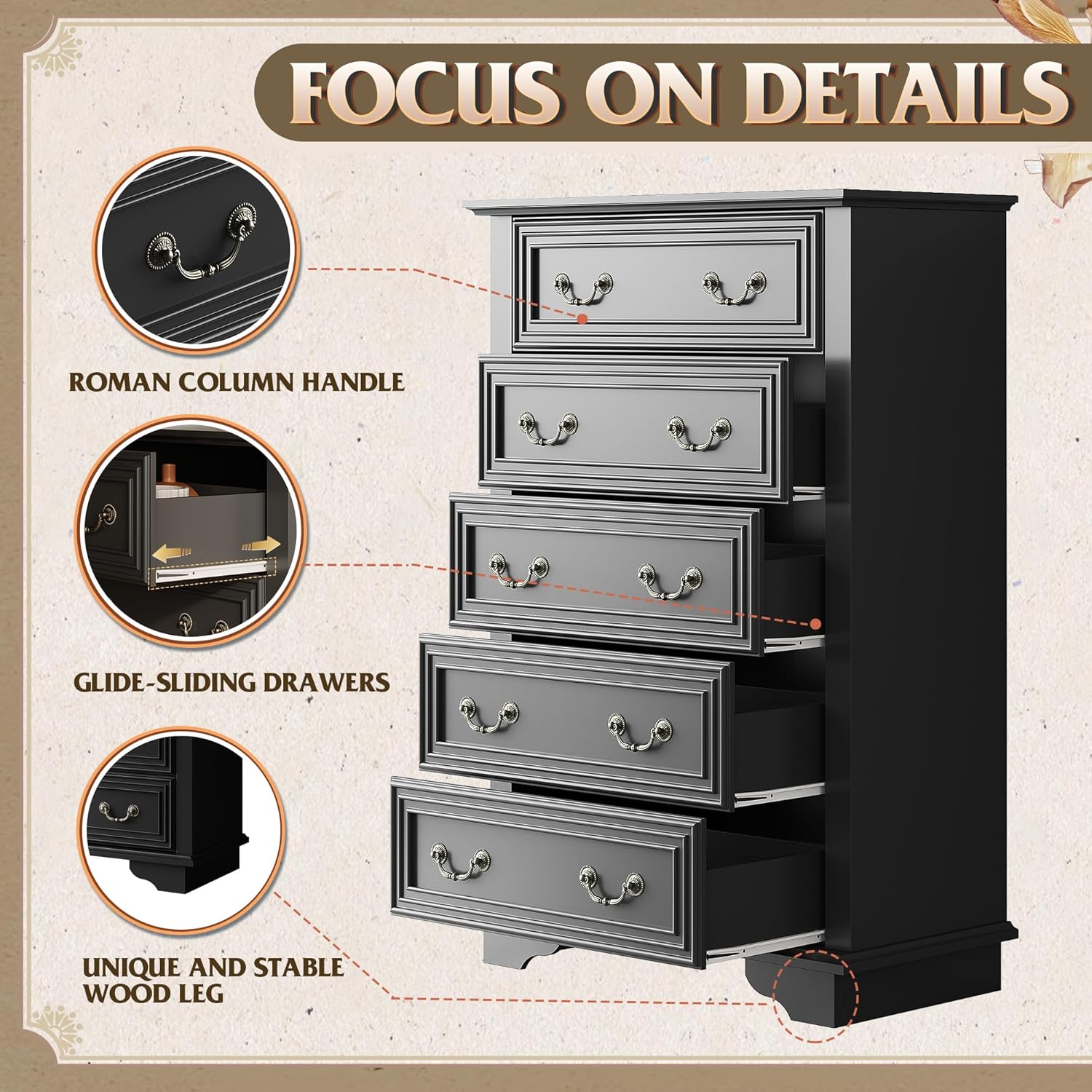 WLIVE Farmhouse Dresser for Bedroom, Tall Wood Dresser with 5 Drawer, Chest of Drawers with Roman