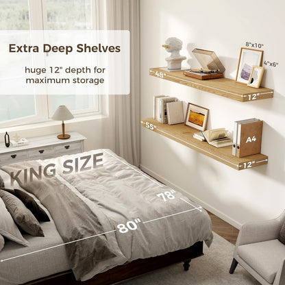 Fun Memories 55 Inch Floating Shelves, 12 Inch Deep Floating Shelf for Wall, 55 x 12 Large Floating