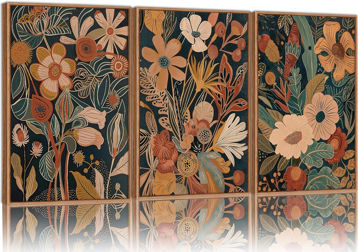 Tinonedraw Vintage Burnt Orange Floral Framed Canvas Wall Art Set of 3, Boho Chic Flower Artwork