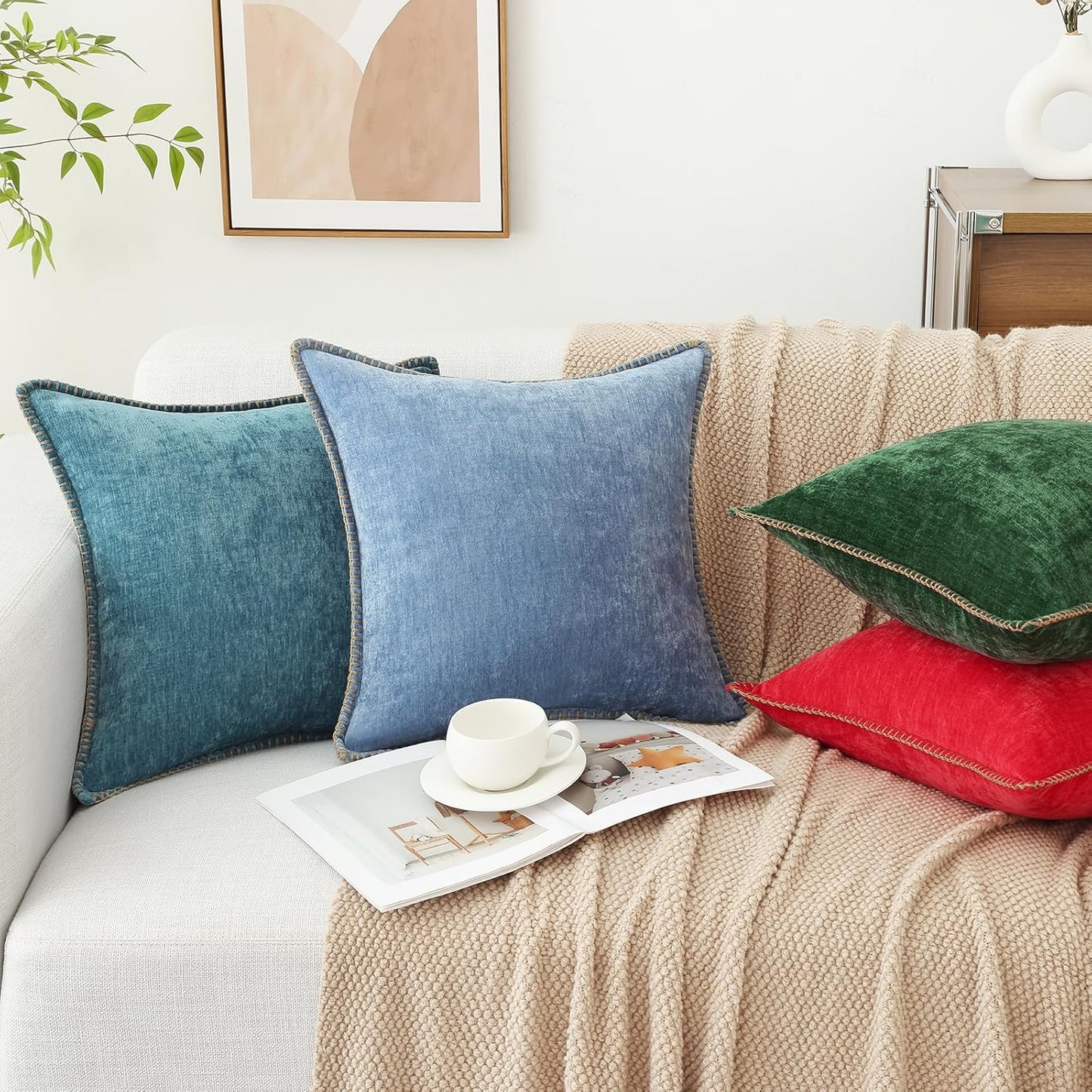 decorUhome Chenille Soft Throw Pillow Covers 20x20 Set of 2, Farmhouse Velvet Neutral Decorative