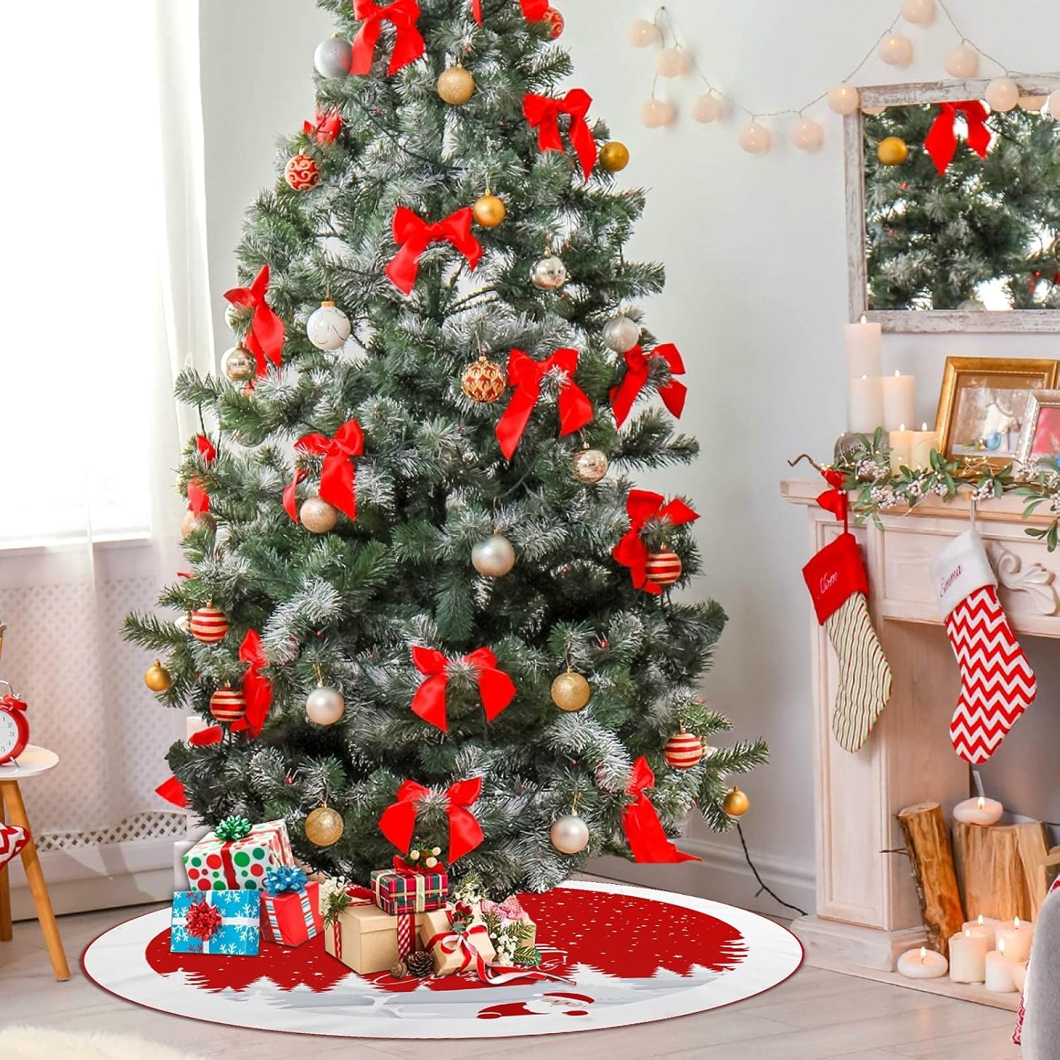 Christmas Tree Skirt Red Xmas Tree Ornaments for White Soft Plush Christmas Tree Mat with Snowy