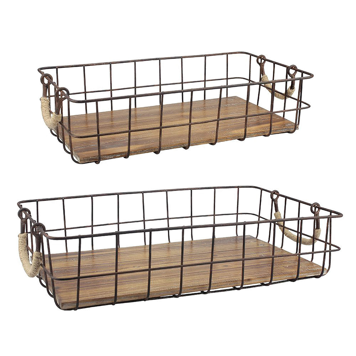 Stonebriar Stackable 2pc Rectangle Metal Wire and Wood Basket Set with Rope Wrapped Handles, Rustic