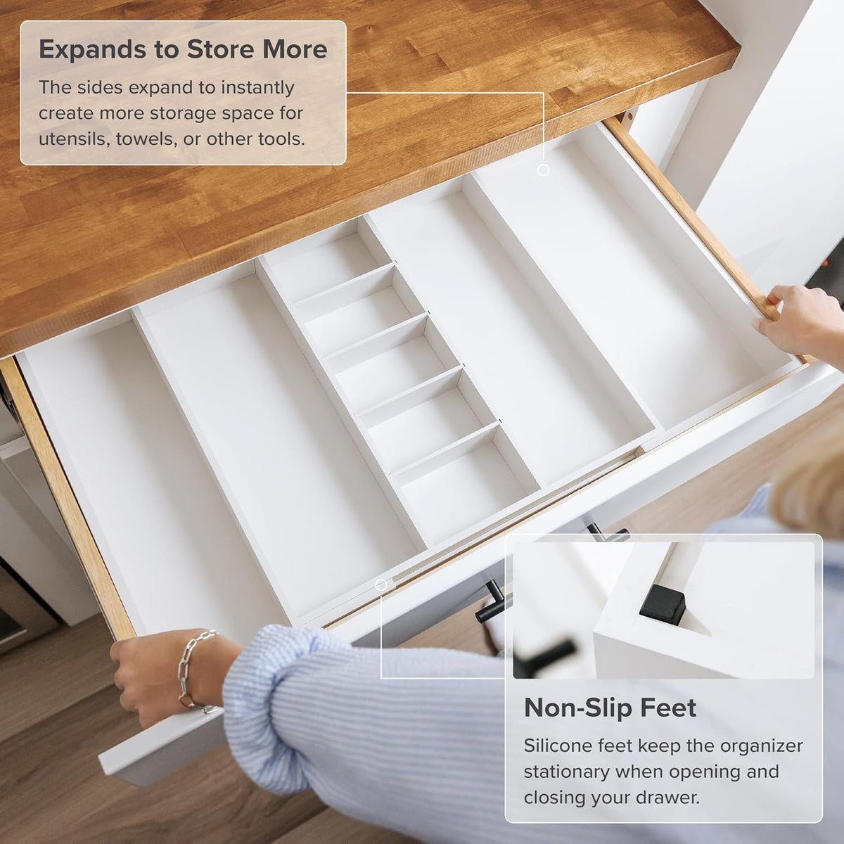 Adjustable Kitchen Drawer Organizer for Utensils and Junk, Food-Safe Contract Grade with 100%