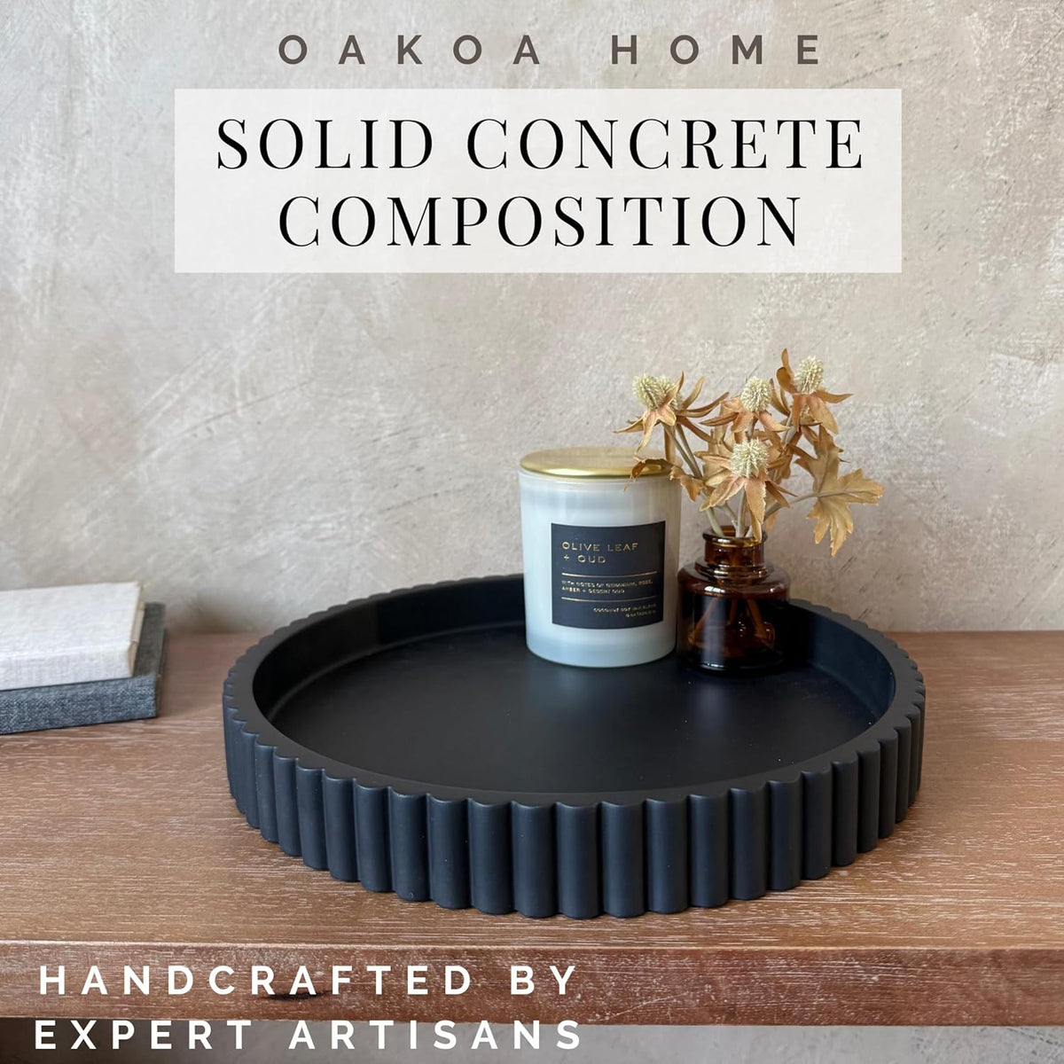 OAKOA Concrete Black Tray for Coffee Table - Round Black Decorative Tray for Table Decor - Bandejas