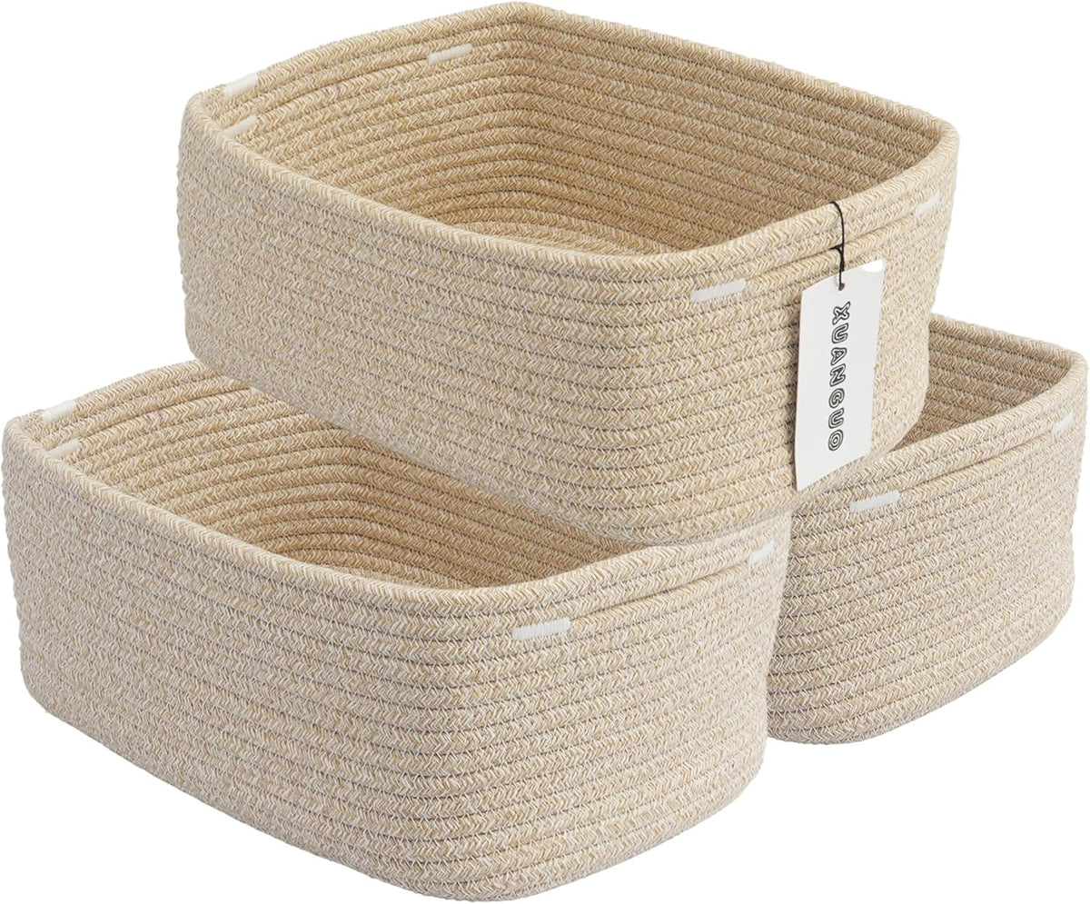 Small Woven Storage Baskets 12“X8”X5“ Decorative Rope Bins for Organizing Shelves, Closets, and