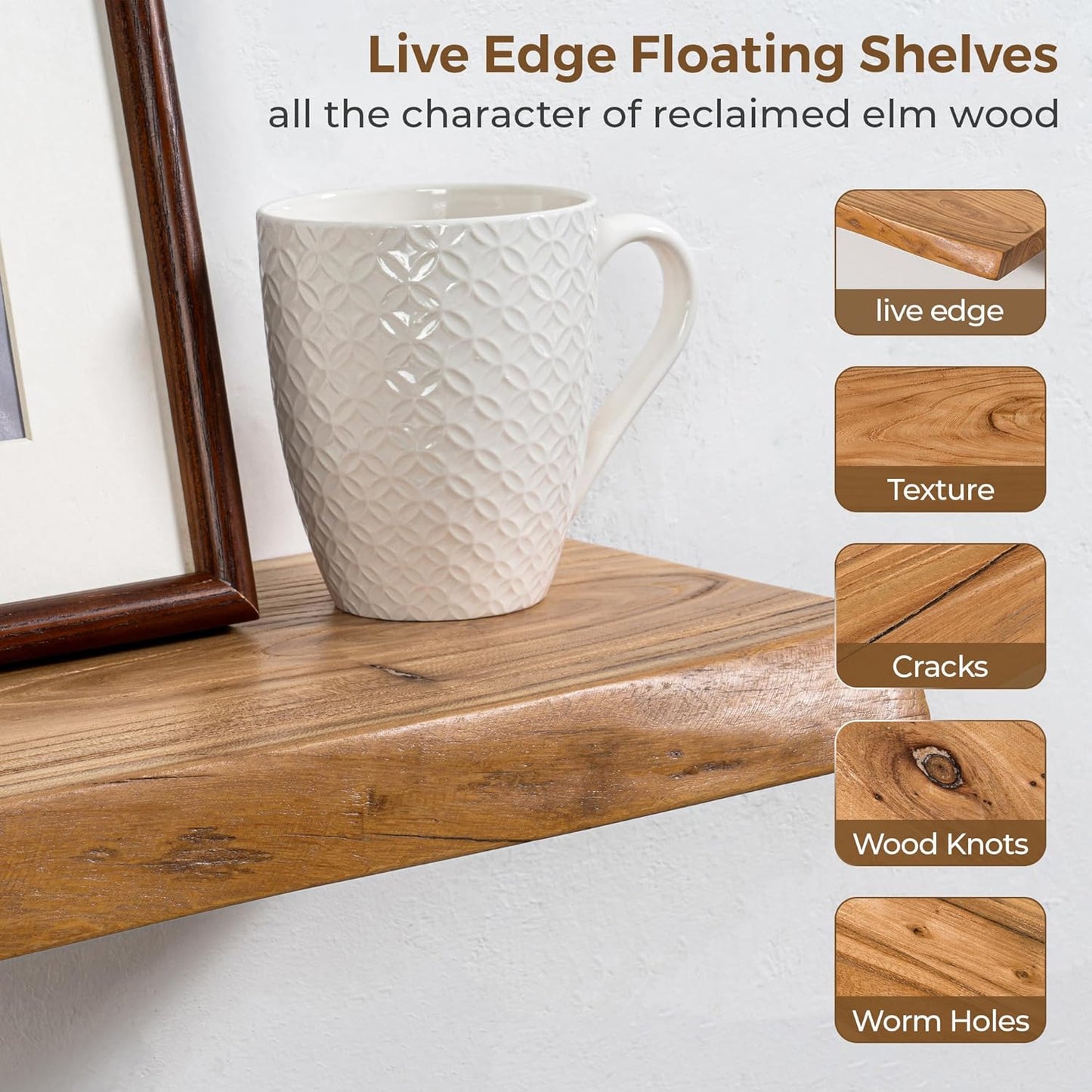 Axeman 55 inch Floating Shelves for Wall - 8'' D Live Edge Rustic Solid Elm Wood Floating Shelves