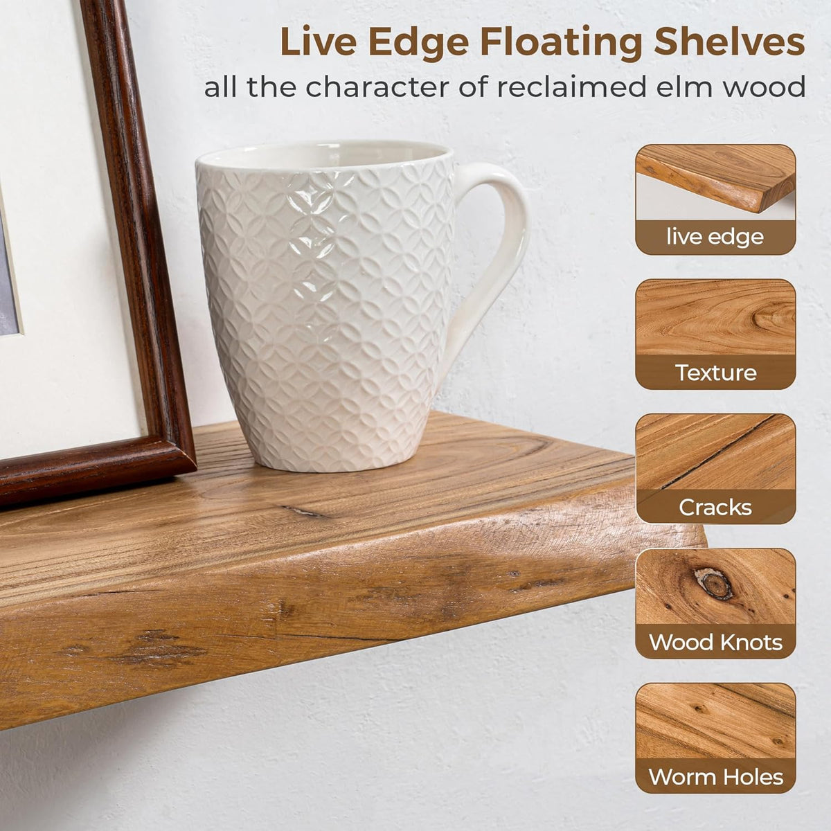 Axeman 36 inch Floating Shelves for Wall - 8'' D Live Edge Rustic Solid Elm Wood Floating Shelves