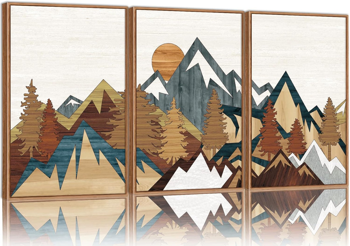 SIGNINART Vintage Mountain Framed Canvas Wall Art Set, Boho Sunrise Art Prints, Forest Nature