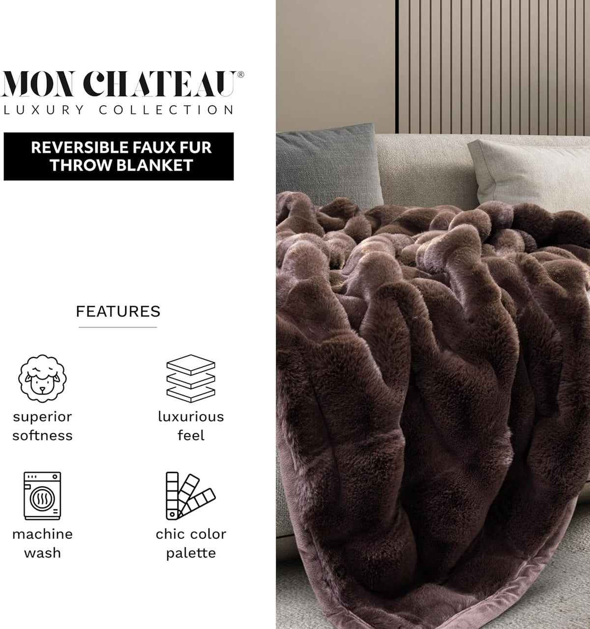 Mon Chateau Premium Reversible Luxury Faux Fur Throw for Couch, Sofa, or Bed - Plush Cozy Soft