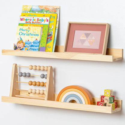 Picture Ledge Shelf for Wall, 24 inch Solid Pine Wood Nursery Book Shelves 2 Packs, Floating Ledge