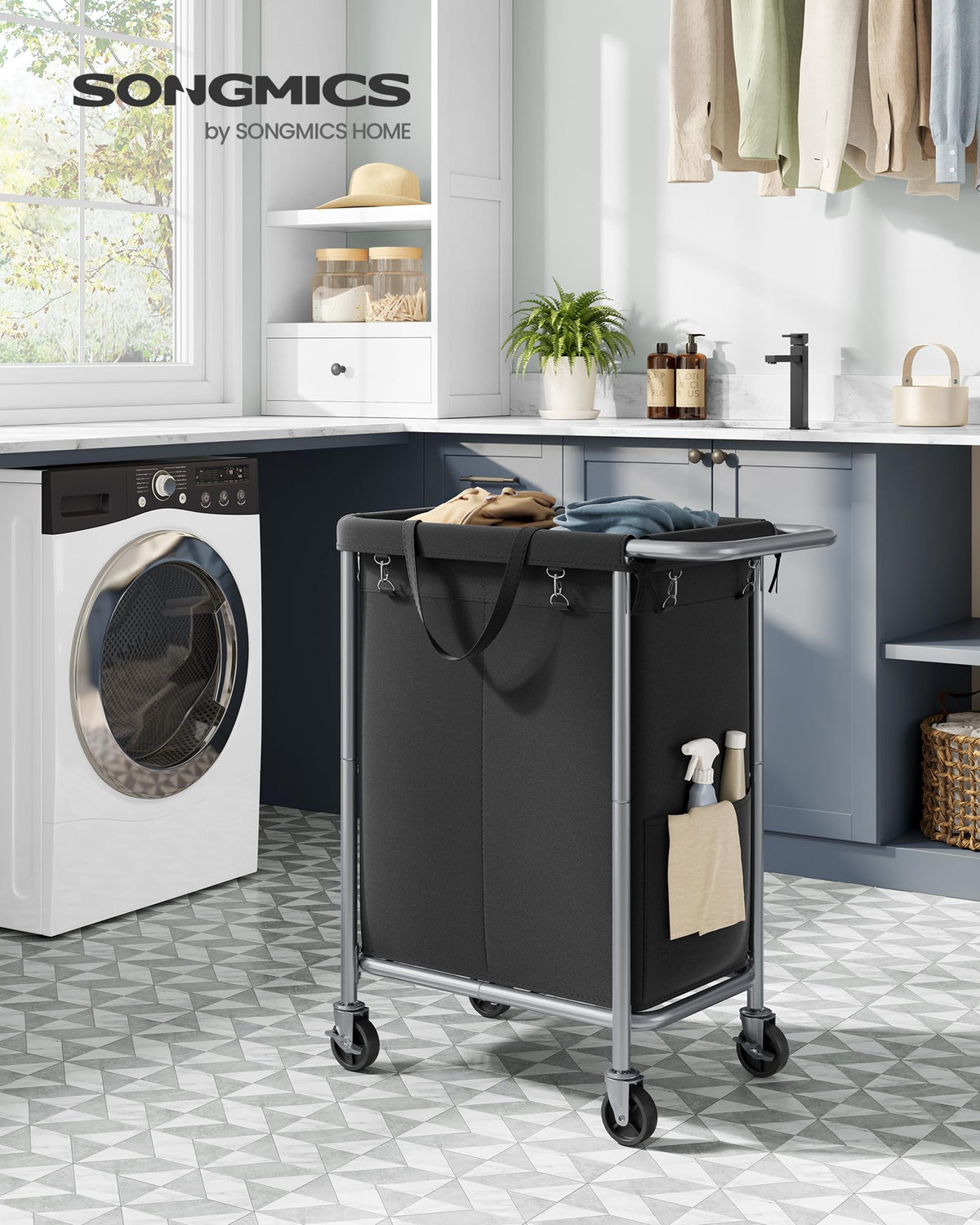 SONGMICS Laundry Basket with Wheels, 2-Section Rolling Laundry Hamper, 37 Gallons (140 L)
