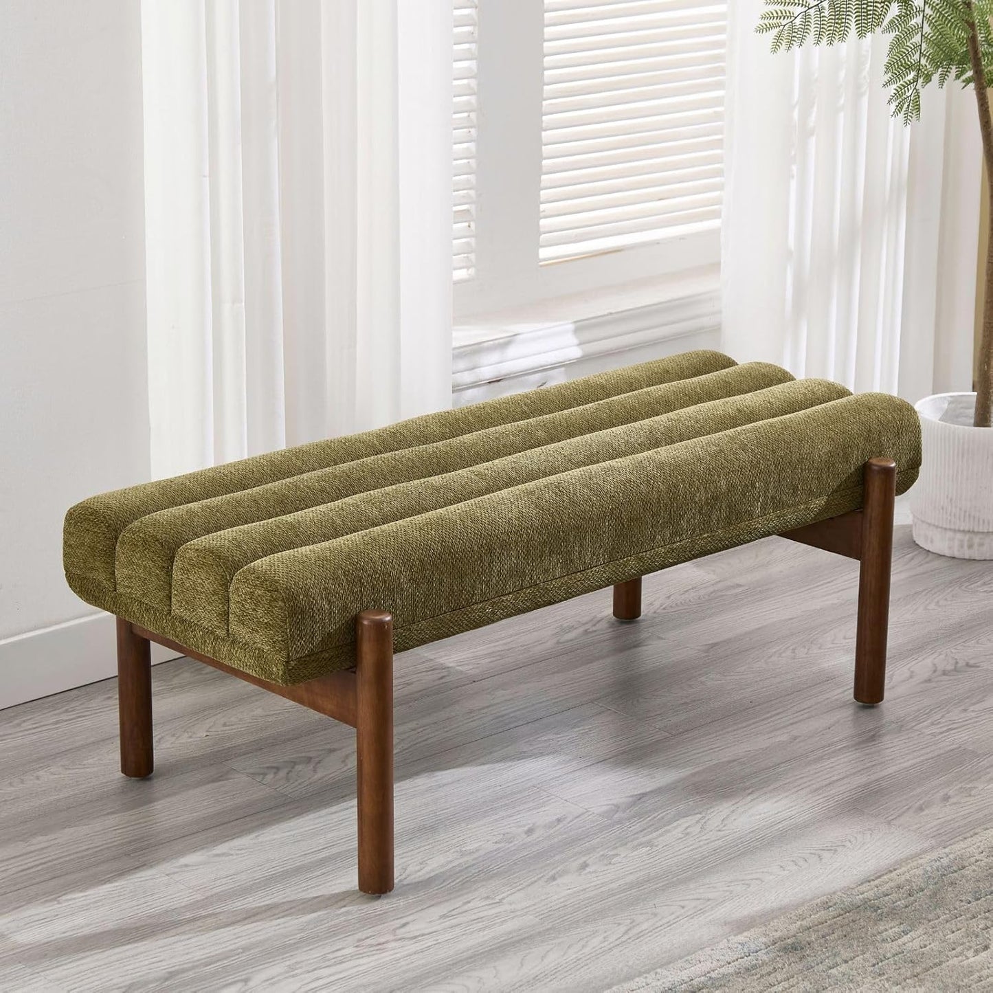 Green Upholstered Bench Modern End of Bed Bench Chenille Fabric Bedroom Bench for Entryway Living