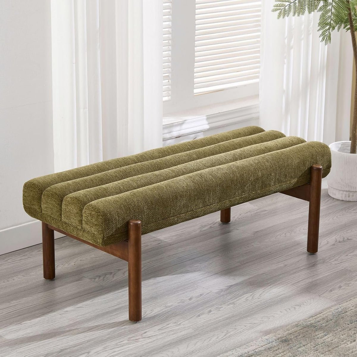 Green Upholstered Bench Modern End of Bed Bench Chenille Fabric Bedroom Bench for Entryway Living