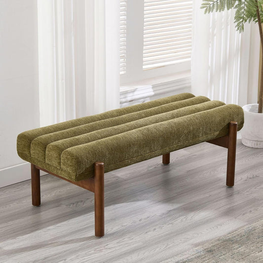 Green Upholstered Bench Modern End of Bed Bench Chenille Fabric Bedroom Bench for Entryway Living