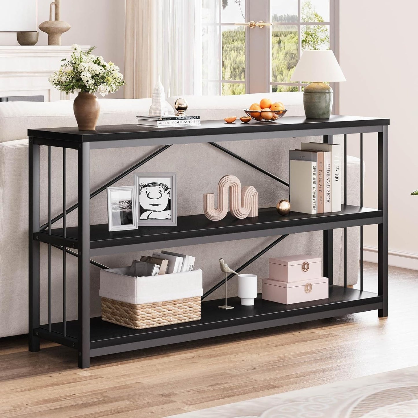 LVB Black Console Table, Modern Entryway Table for Hallway Living Room, Industrial Sofa Table