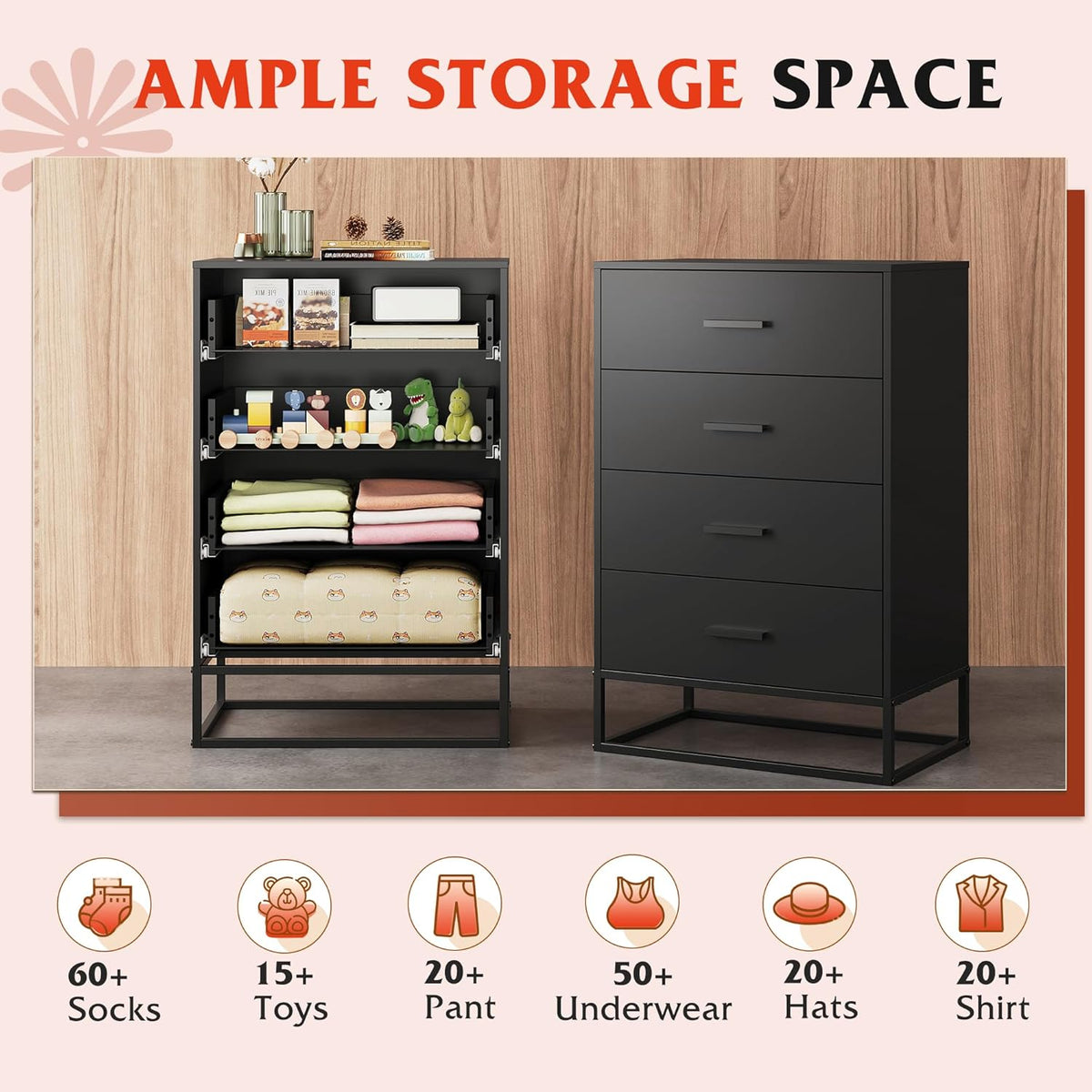 WLIVE Black Dresser for Bedroom with 4 Drawers, Tall Wood Dresser with Sturdy Metal Frame, Wooden
