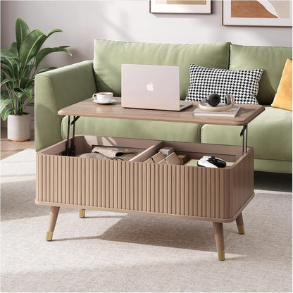 Lift Top Coffee Table with Storage Shelf & Hidden Compartment, Mid Century Modern Fluted Rectangle