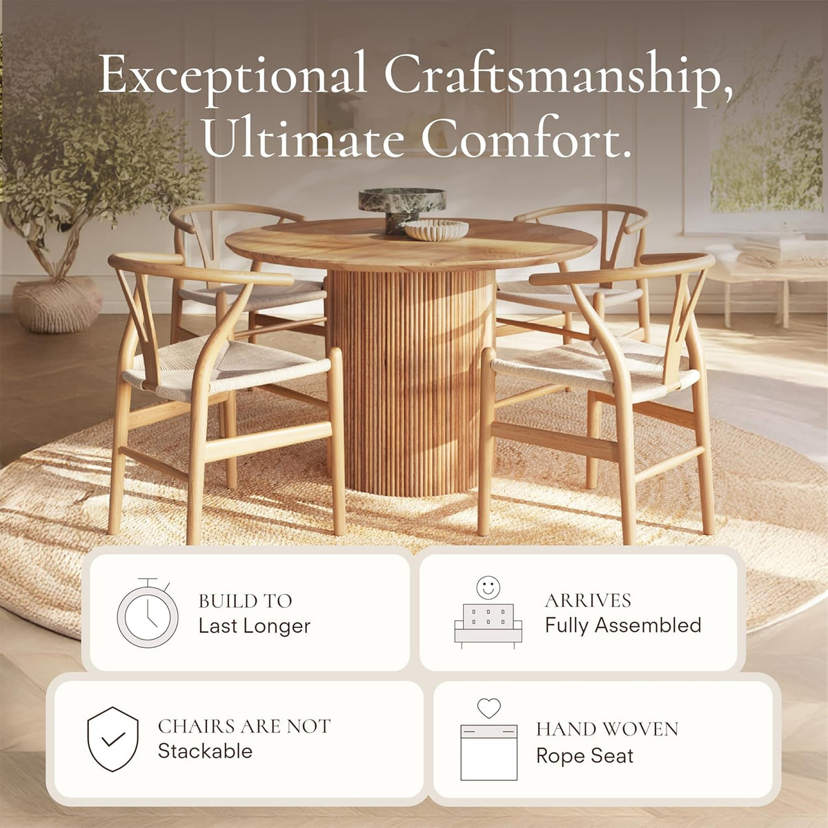 POLY & BARK Weave Dining Chairs – Mid-Century Modern Wishbone Dining Chairs with Arms, Solid Wood