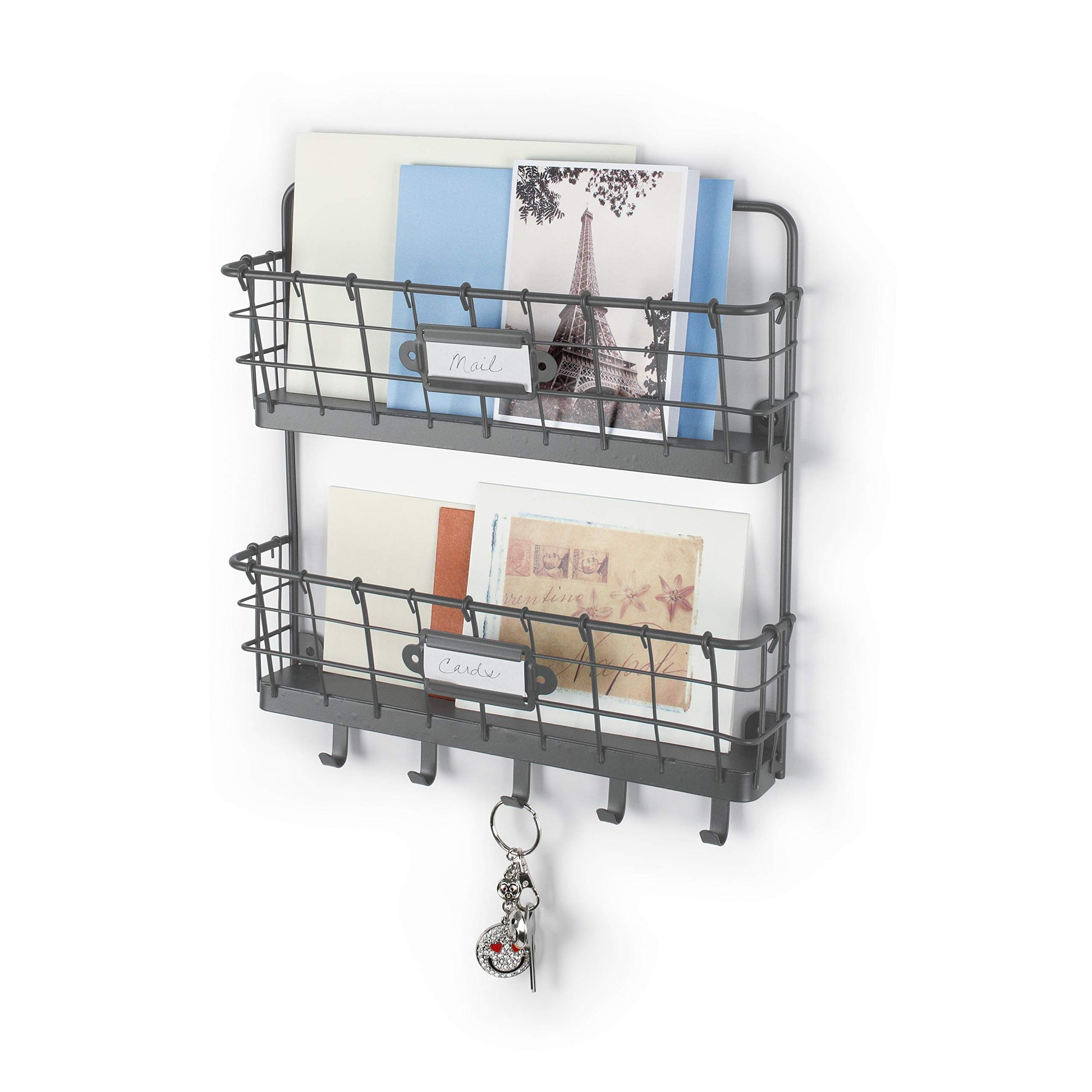 Spectrum Mail and Key Organizer for Wall, Vintage 2-Tier Mail Holder for Wall with 5 Key Hooks
