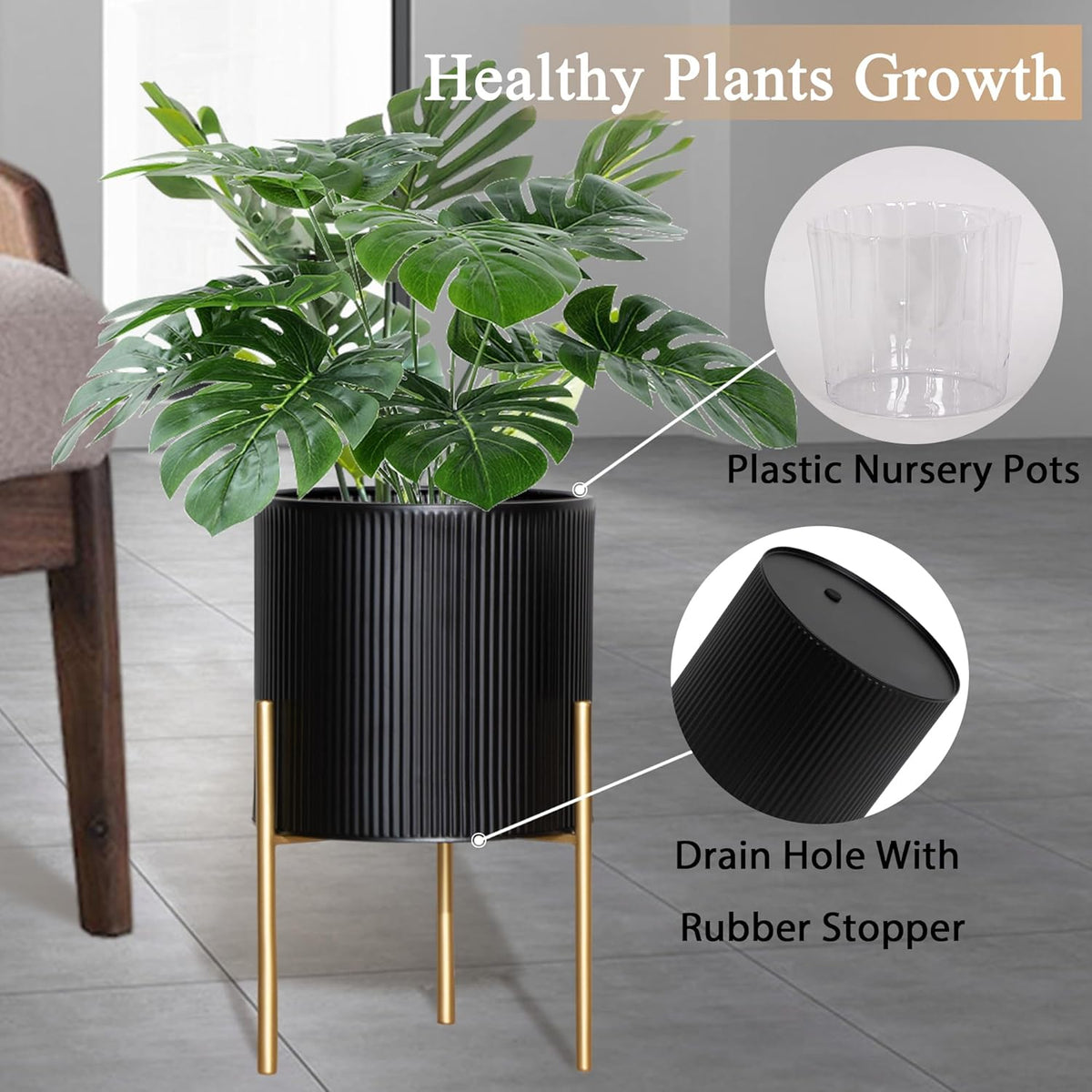 ARNIS Modern Planter Pots, Set of 2 Round Large Planters with Stand, Decorative Planters, Metal