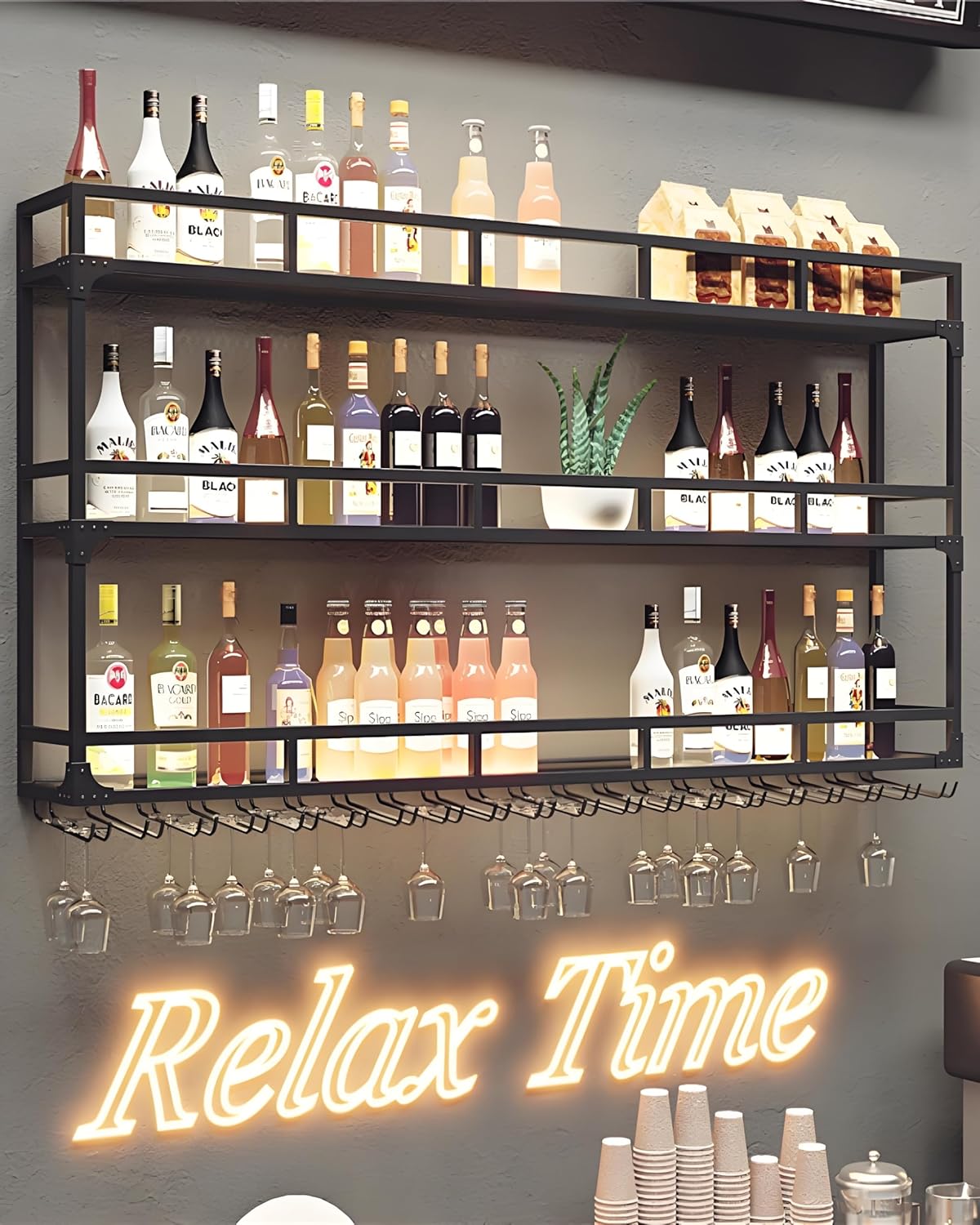 59" Large Wine Rack Wall Mounted with Bottle Glass Holder, 3-Tiers Metal Liquor Floating Shelves
