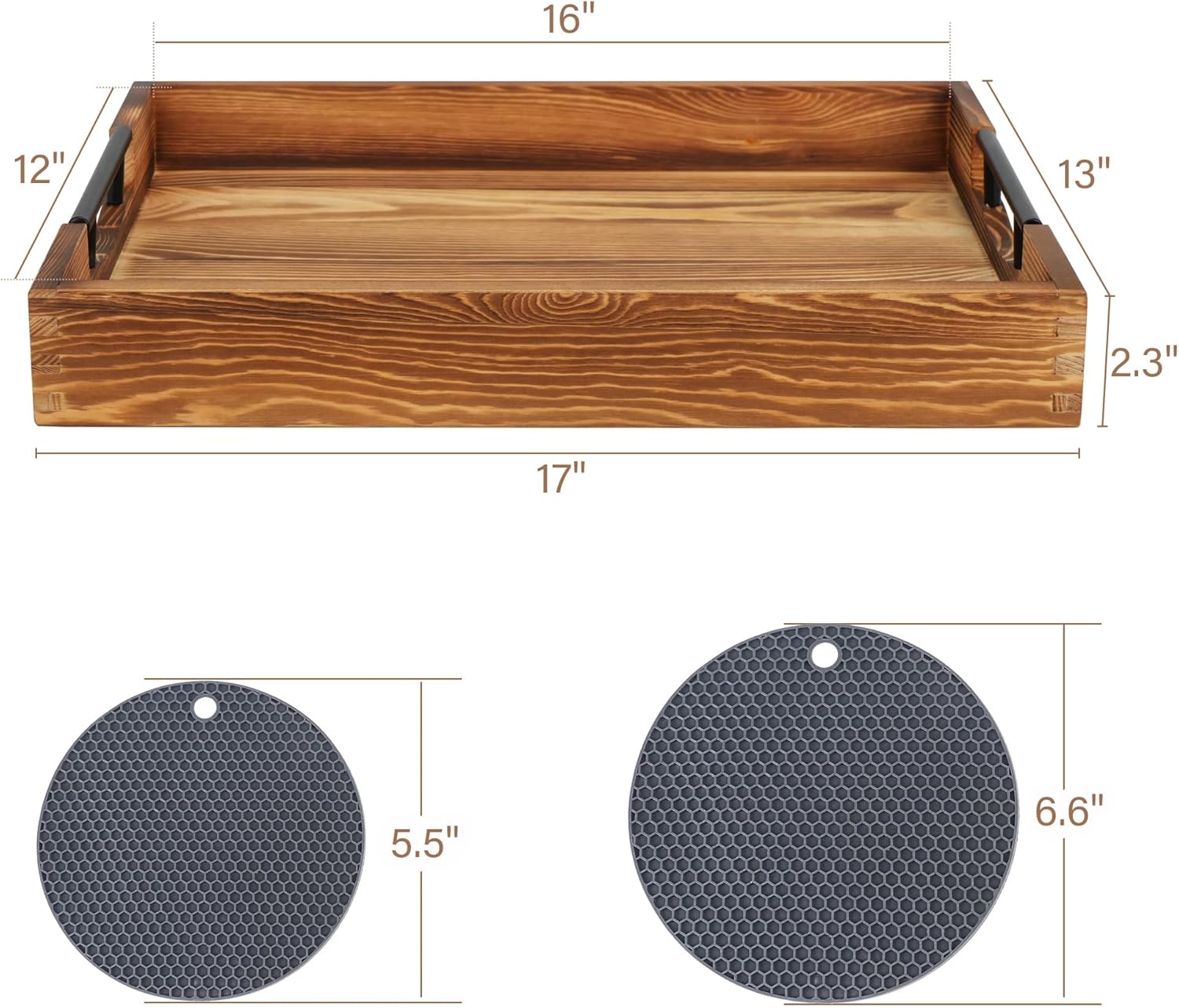 LotFancy Large Ottoman Tray for Living Room, 17x13'' Wood Serving Tray with Handles, Home Décor for