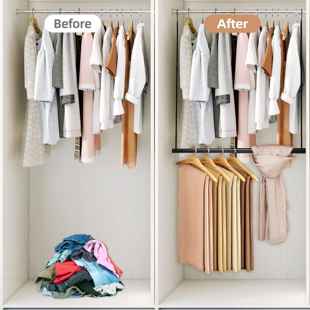 STORAGE MANIAC Hanging Closet Rod, Adjustable Width and Height Closet Hanging Organizer
