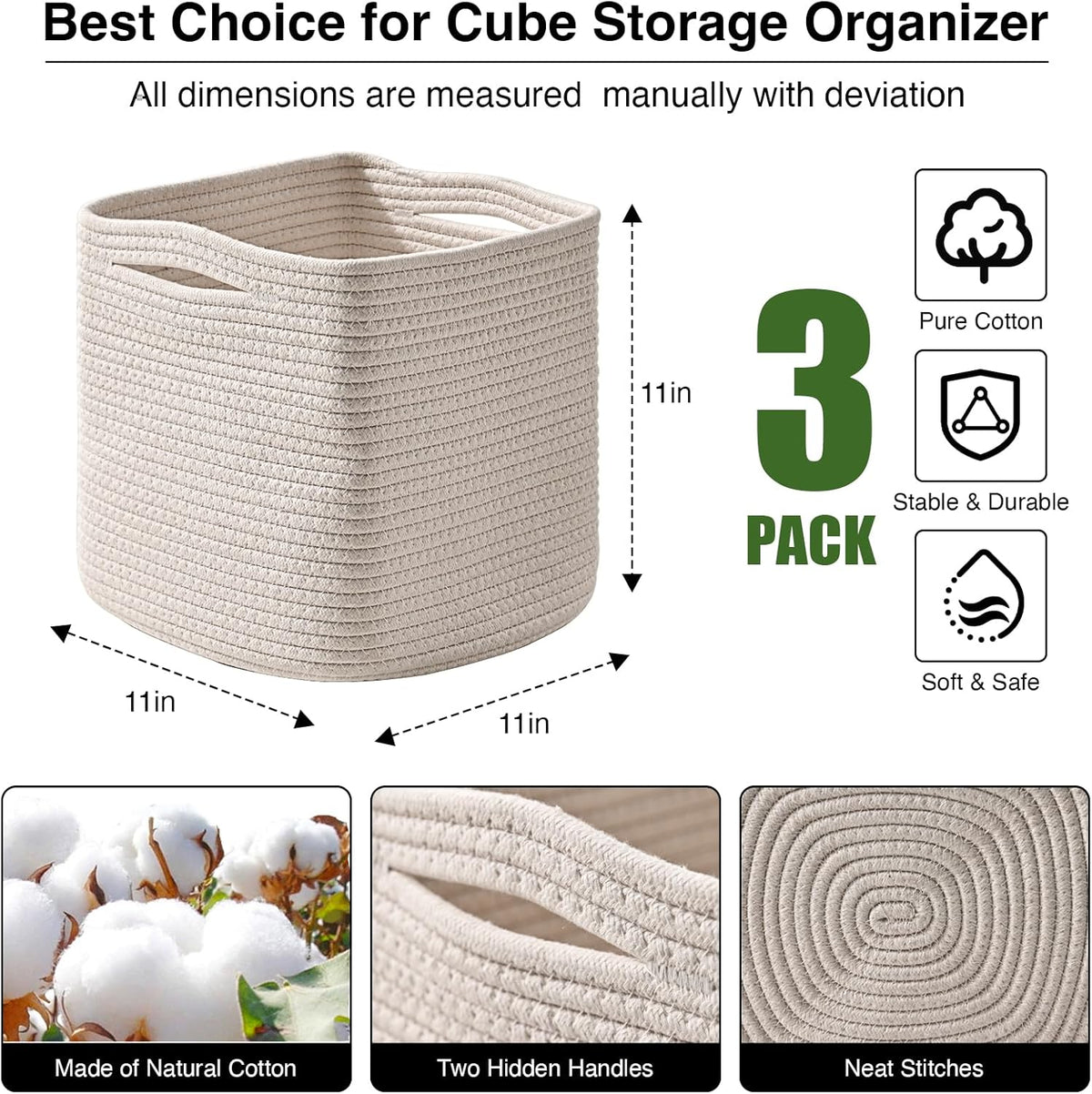 11 Inch Cube Storage Bins, Organizer Bins, Woven Cotton Rope Baskets for Storage, Storage Baskets