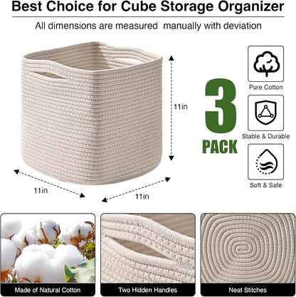 11 Inch Cube Storage Bins, Organizer Bins, Woven Cotton Rope Baskets for Storage, Storage Baskets