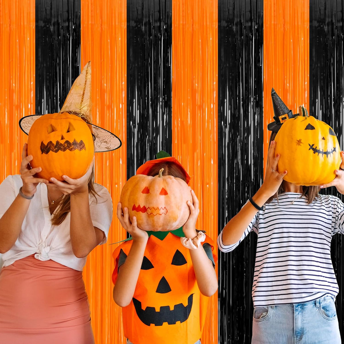 2 Pack Halloween Photo Backdrop, 3.28 FT x 7.05 FT Orange and Black Party Streamer, Metallic Foil