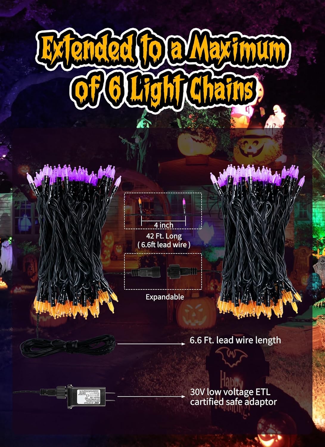 Outdoor Halloween Lights, 39Feet 100 LED Mini Lights with 8 Lighting Modes, Connectable Halloween
