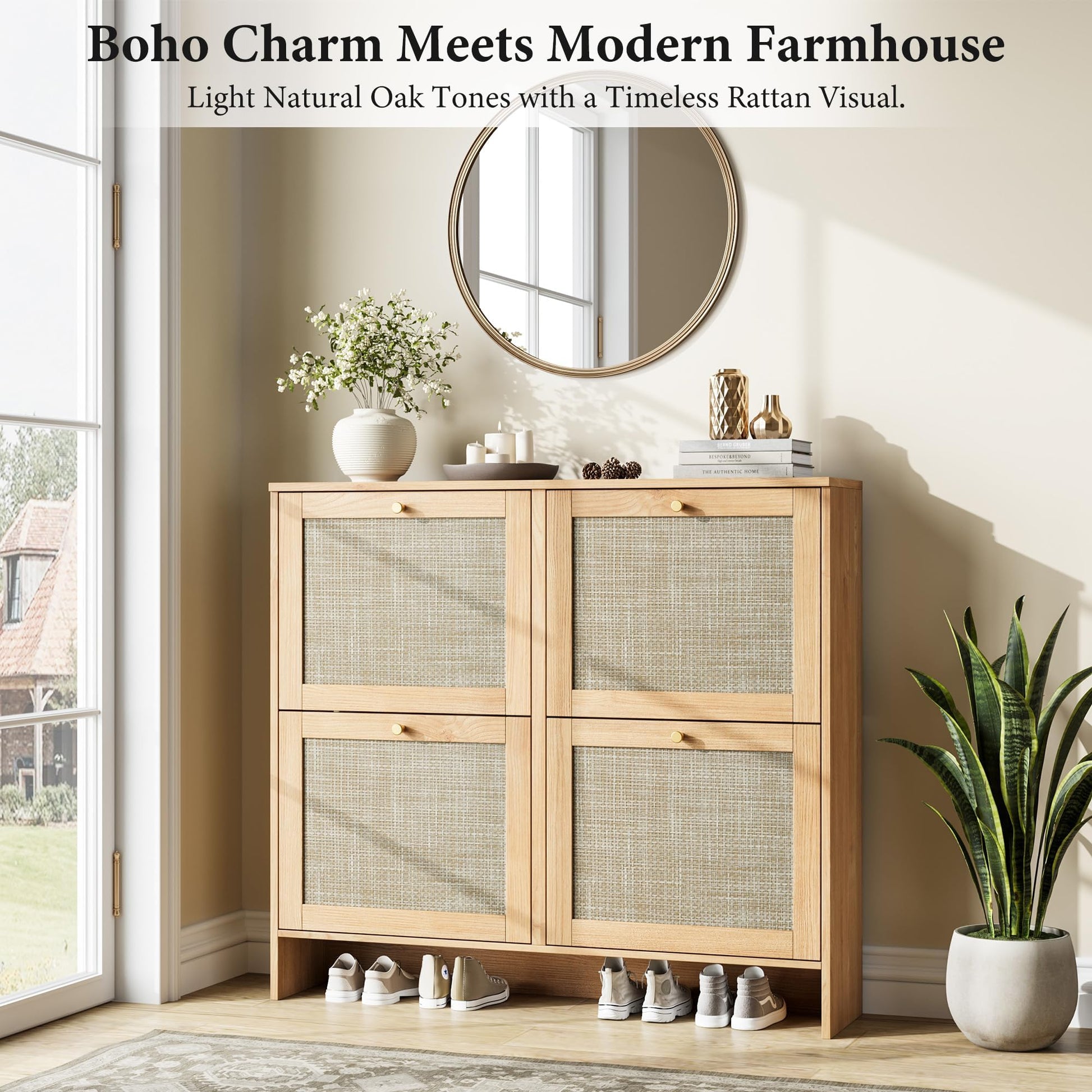 Nicetree Modern Rattan Shoe Cabinet, 4 Flip Drawers & Adjustable Shelves, Ultra Slim Freestanding