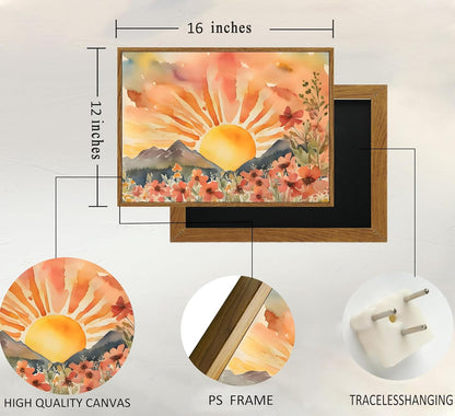 Framed Boho Sun Canvas Wall art Mid-Century Modern Abstract Bohemian Sunset in The Mountains